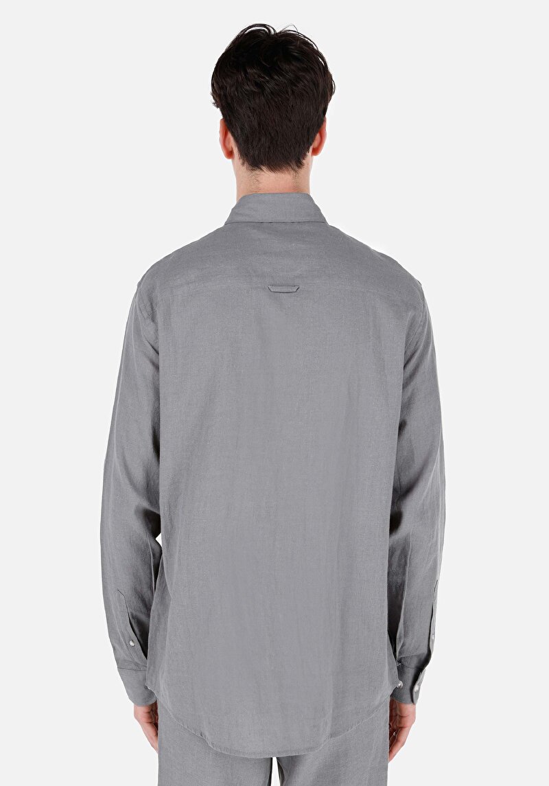 Comfort Fit Shirt Neck Düz Erkek Yeşil Cepsiz Uzun Kol Gömlek