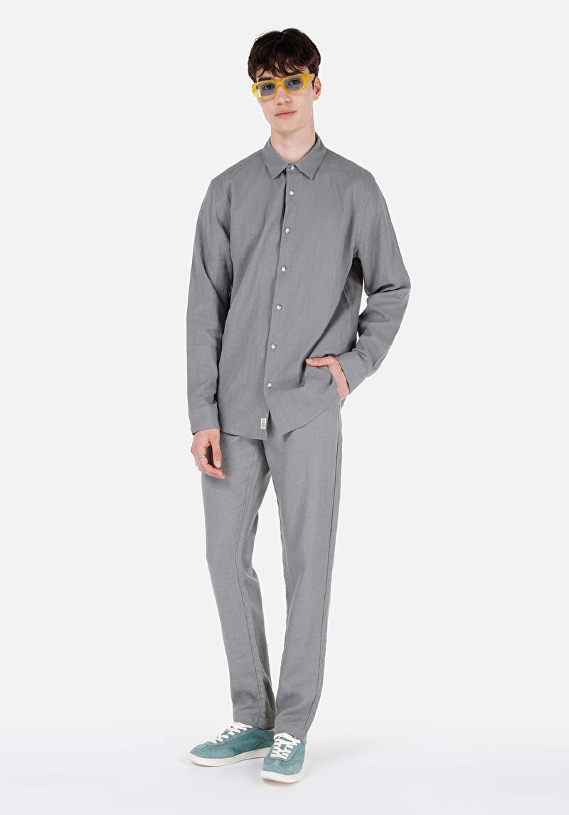 Comfort Fit Shirt Neck Düz Erkek Yeşil Cepsiz Uzun Kol Gömlek