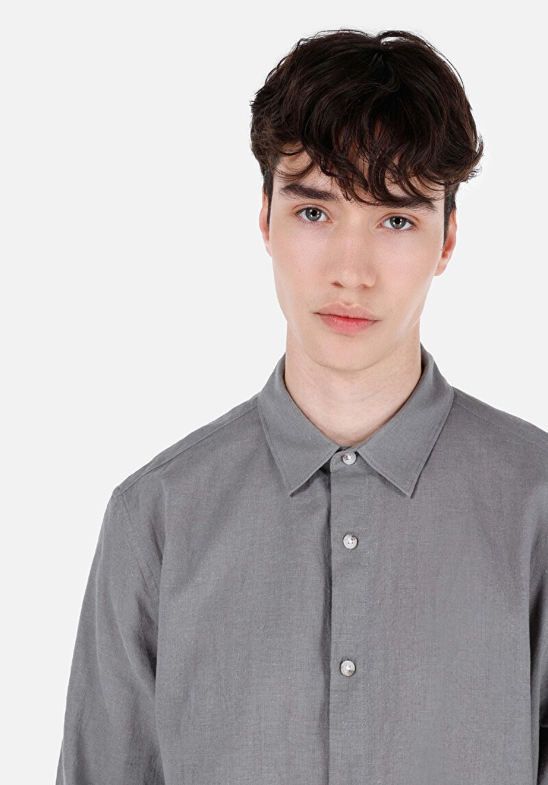 Comfort Fit Shirt Neck Düz Erkek Yeşil Cepsiz Uzun Kol Gömlek