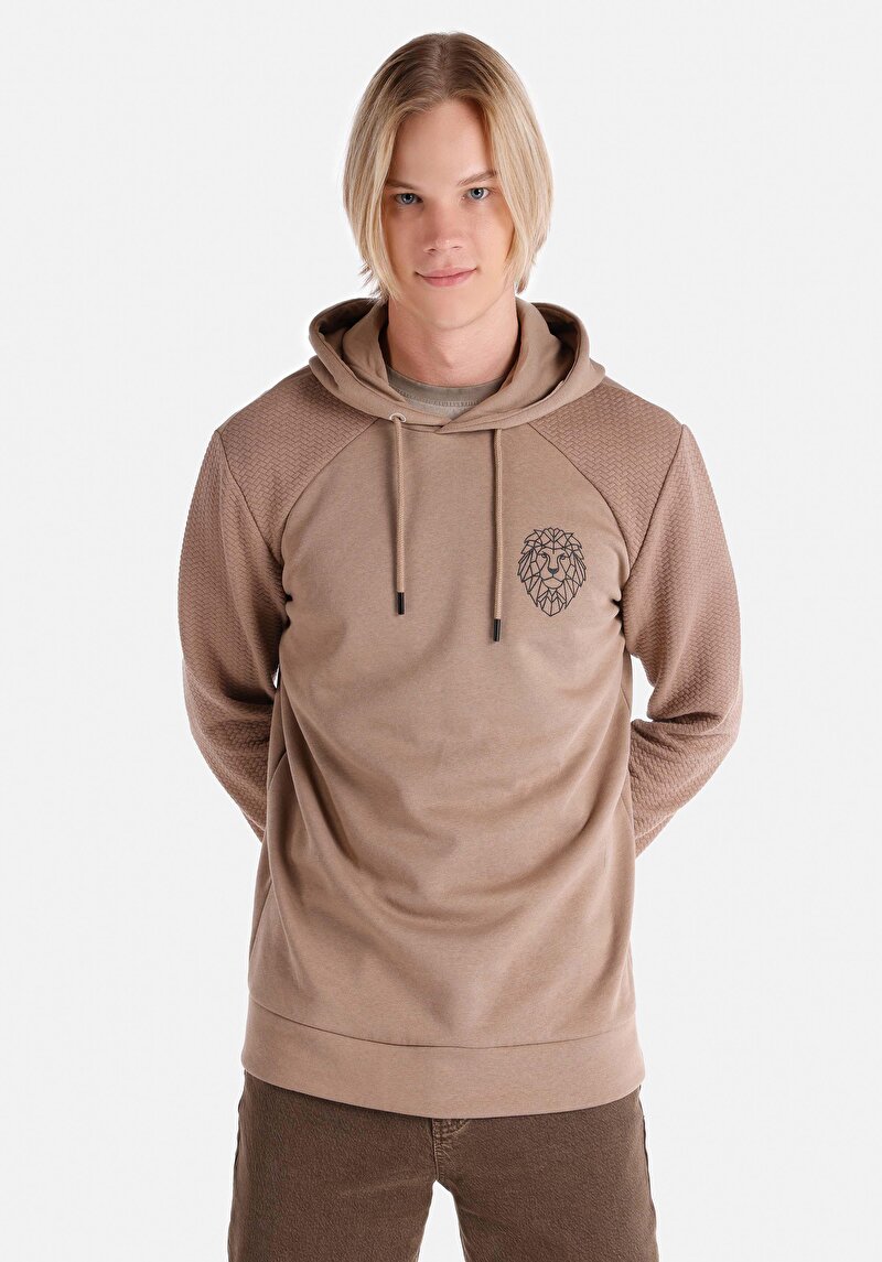 Regular Fit Kapüşonlu Düz Erkek Kahverengi Uzun Kol Tişört