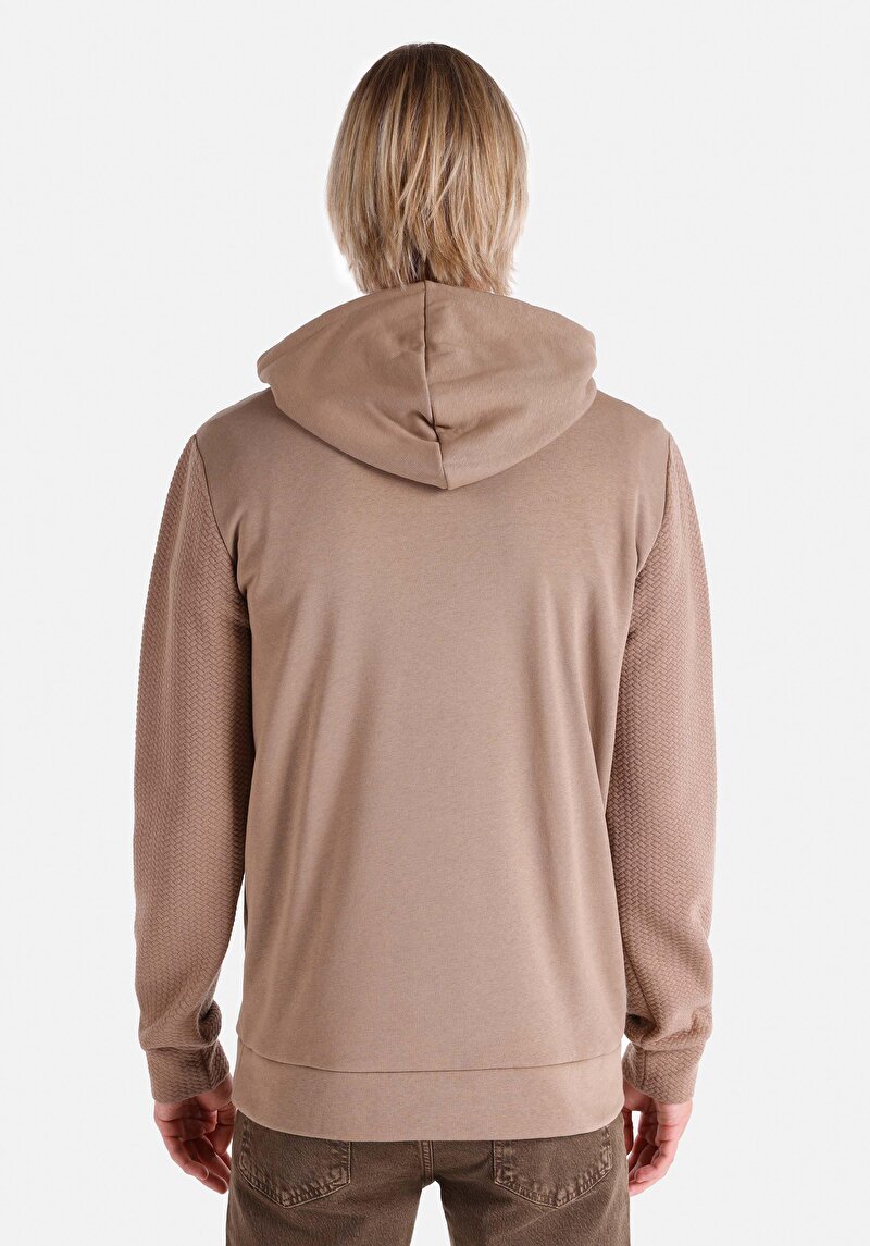 Regular Fit Kapüşonlu Düz Erkek Kahverengi Uzun Kol Tişört