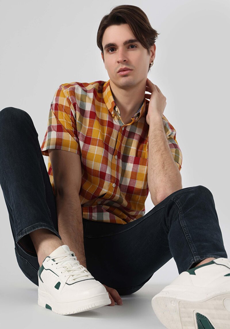 Regular Fit Shirt Neck Ekoseli Erkek Çok Renkli Cepli Kısa Kol Gömlek