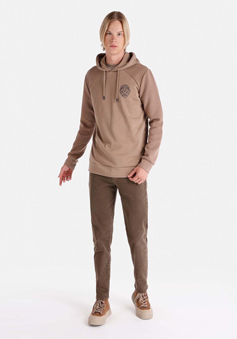 Regular Fit Kapüşonlu Düz Erkek Kahverengi Uzun Kol Tişört