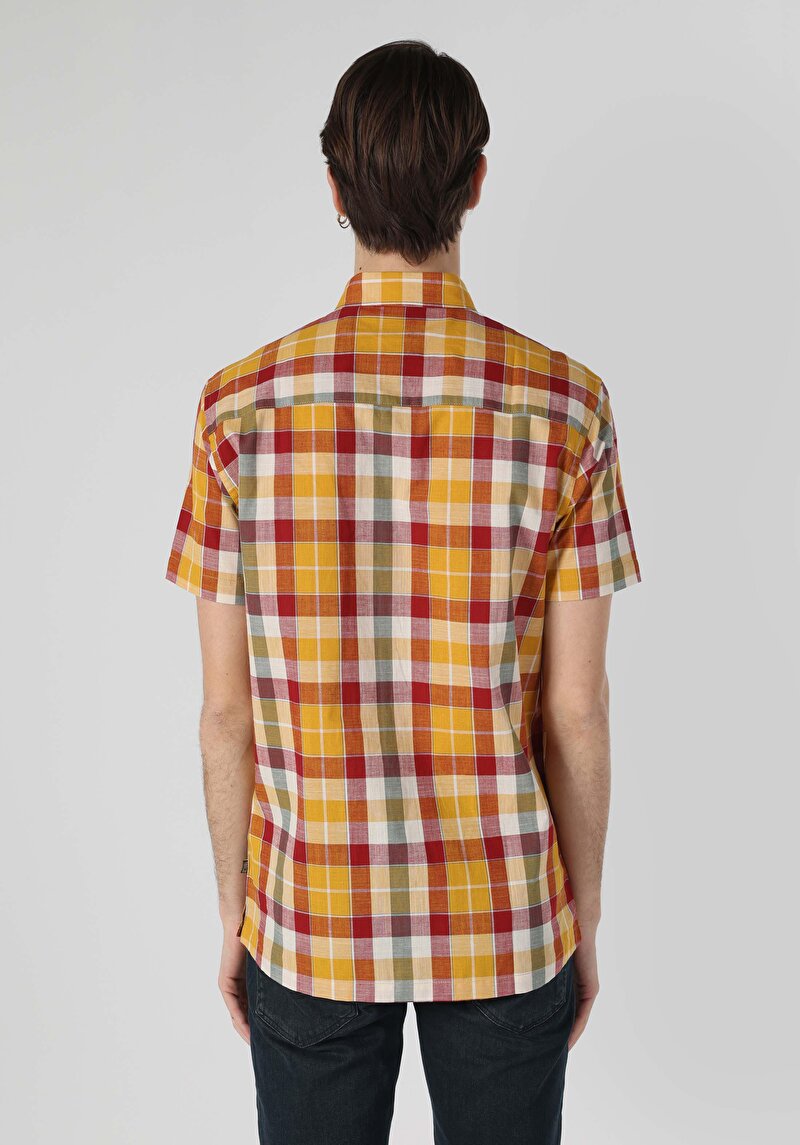 Regular Fit Shirt Neck Ekoseli Erkek Çok Renkli Cepli Kısa Kol Gömlek