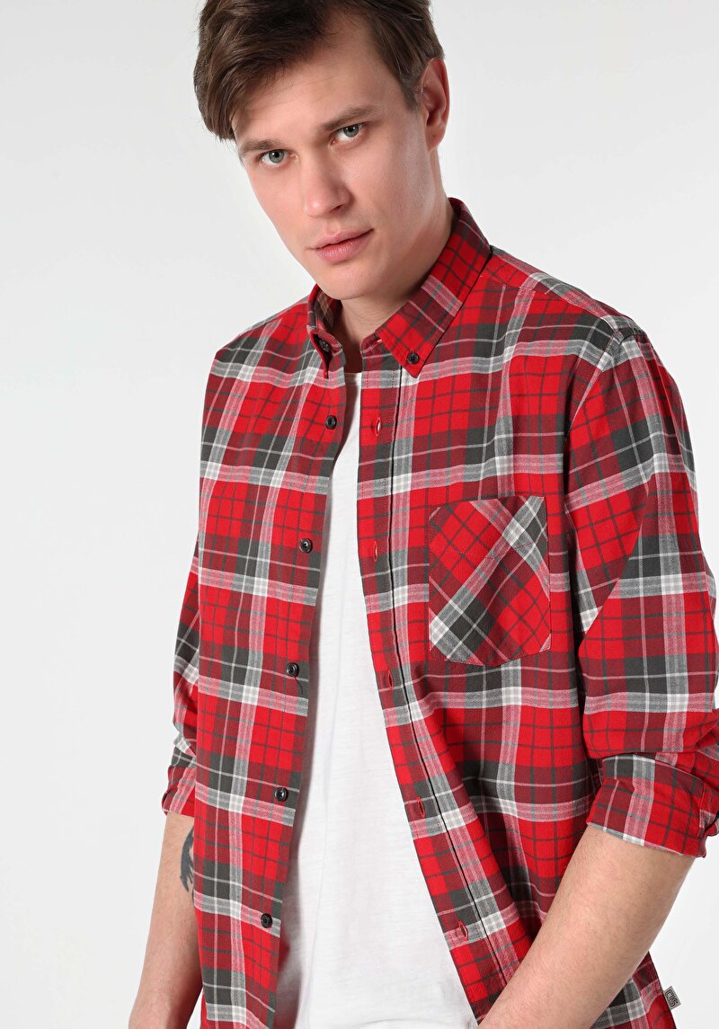 Regular Fit Shirt Neck Ekoseli Erkek Kirmizi Uzun Kol Gömlek