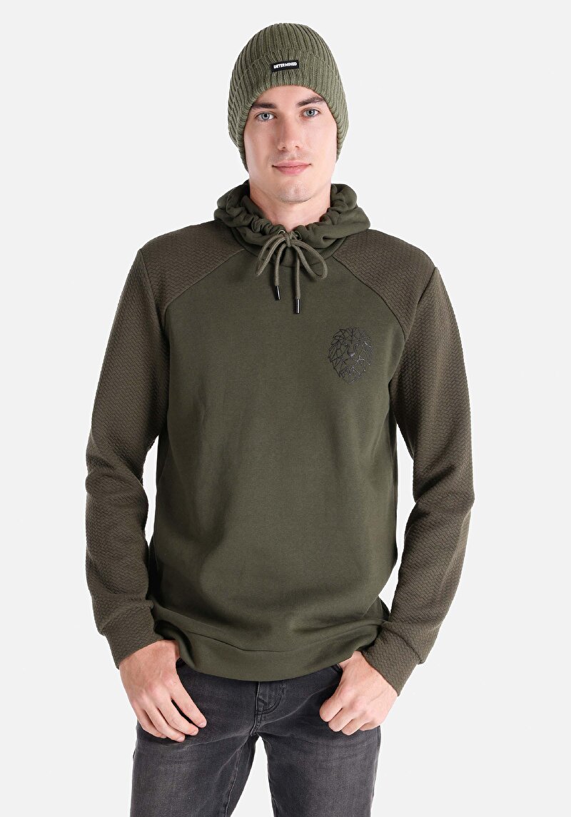 Regular Fit Kapüşonlu Düz Erkek Aslan Baskılı Yeşil Uzun Kol Tişört