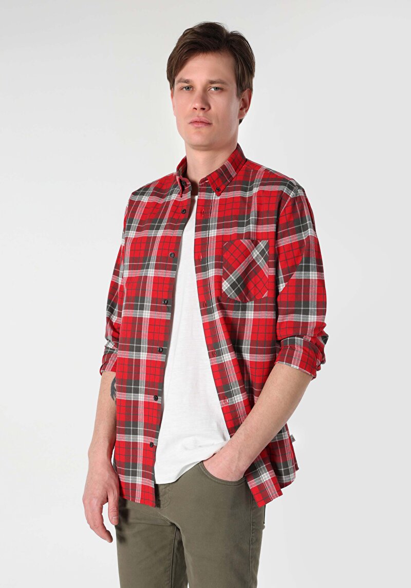 Regular Fit Shirt Neck Ekoseli Erkek Kirmizi Uzun Kol Gömlek