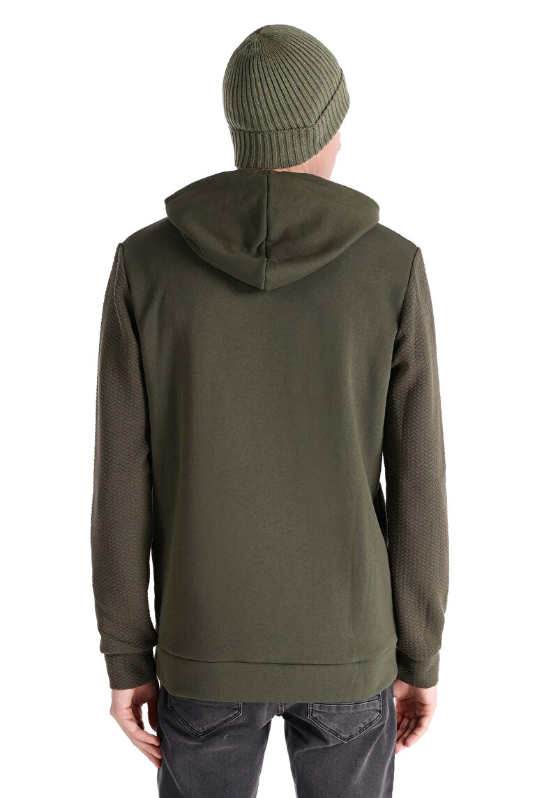 Regular Fit Kapüşonlu Düz Erkek Aslan Baskılı Yeşil Uzun Kol Tişört