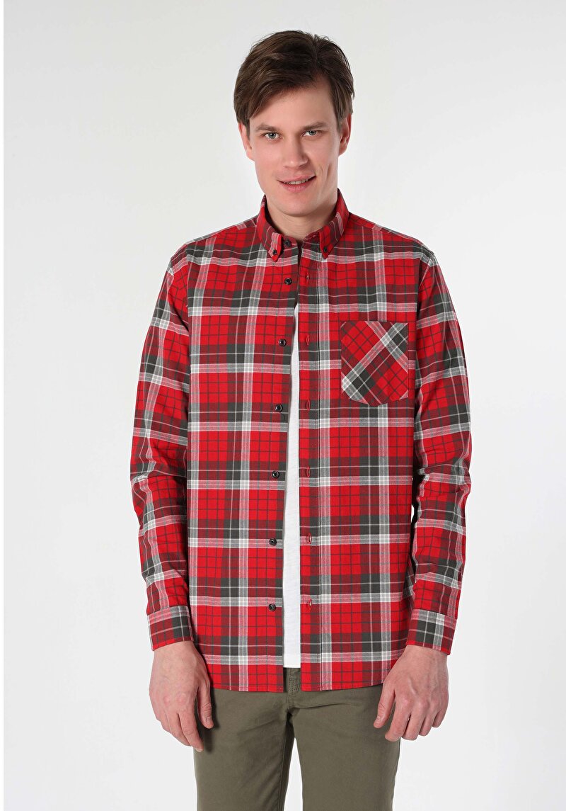 Regular Fit Shirt Neck Ekoseli Erkek Kirmizi Uzun Kol Gömlek