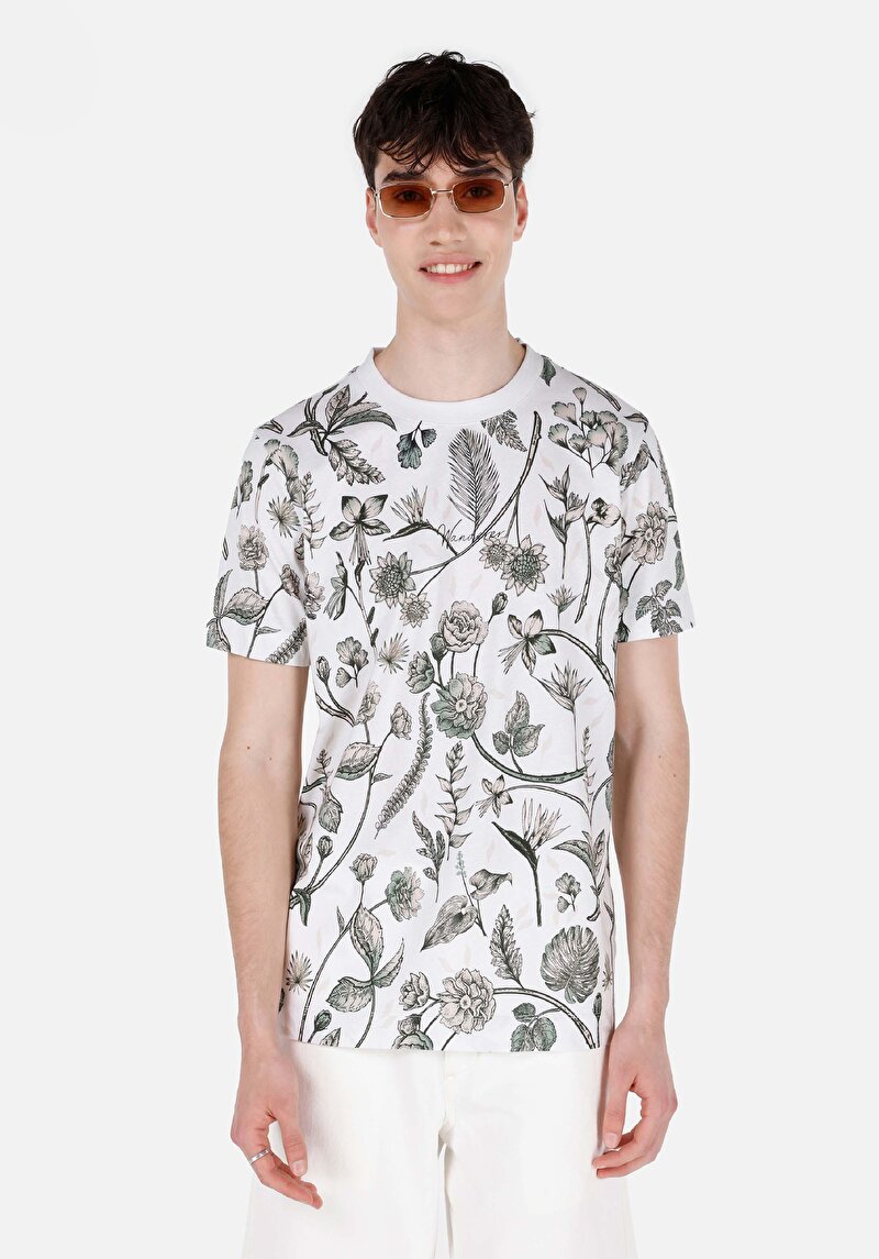 Regular Fit Yuvarlak Yaka Baskılı Erkek Bej Kısa Kol Tişört