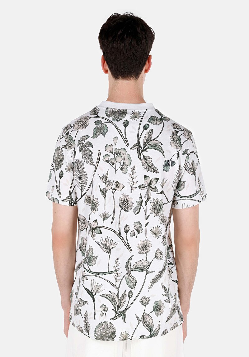 Regular Fit Yuvarlak Yaka Baskılı Erkek Bej Kısa Kol Tişört