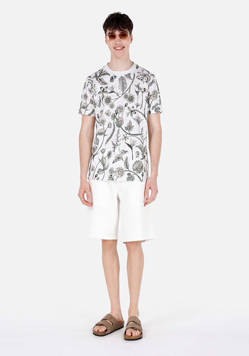 Regular Fit Yuvarlak Yaka Baskılı Erkek Bej Kısa Kol Tişört