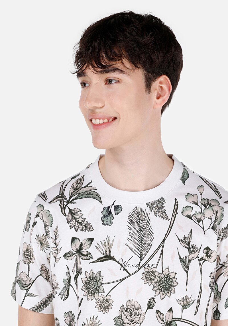 Regular Fit Yuvarlak Yaka Baskılı Erkek Bej Kısa Kol Tişört