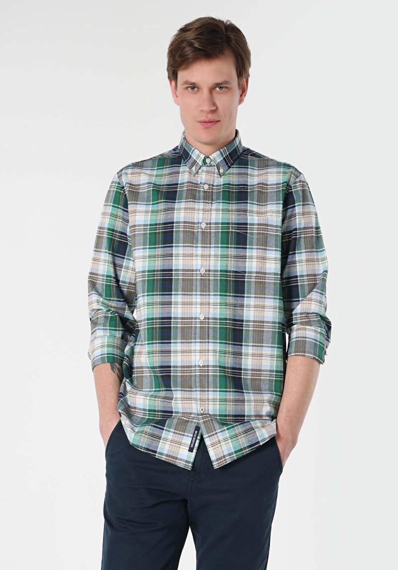 Regular Fit Shirt Neck Ekoseli Erkek Yeşil Uzun Kol Gömlek