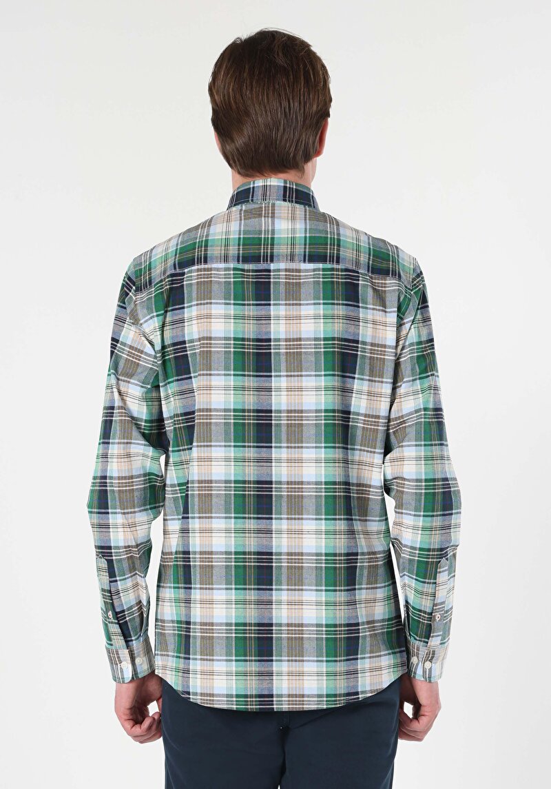 Regular Fit Shirt Neck Ekoseli Erkek Yeşil Uzun Kol Gömlek