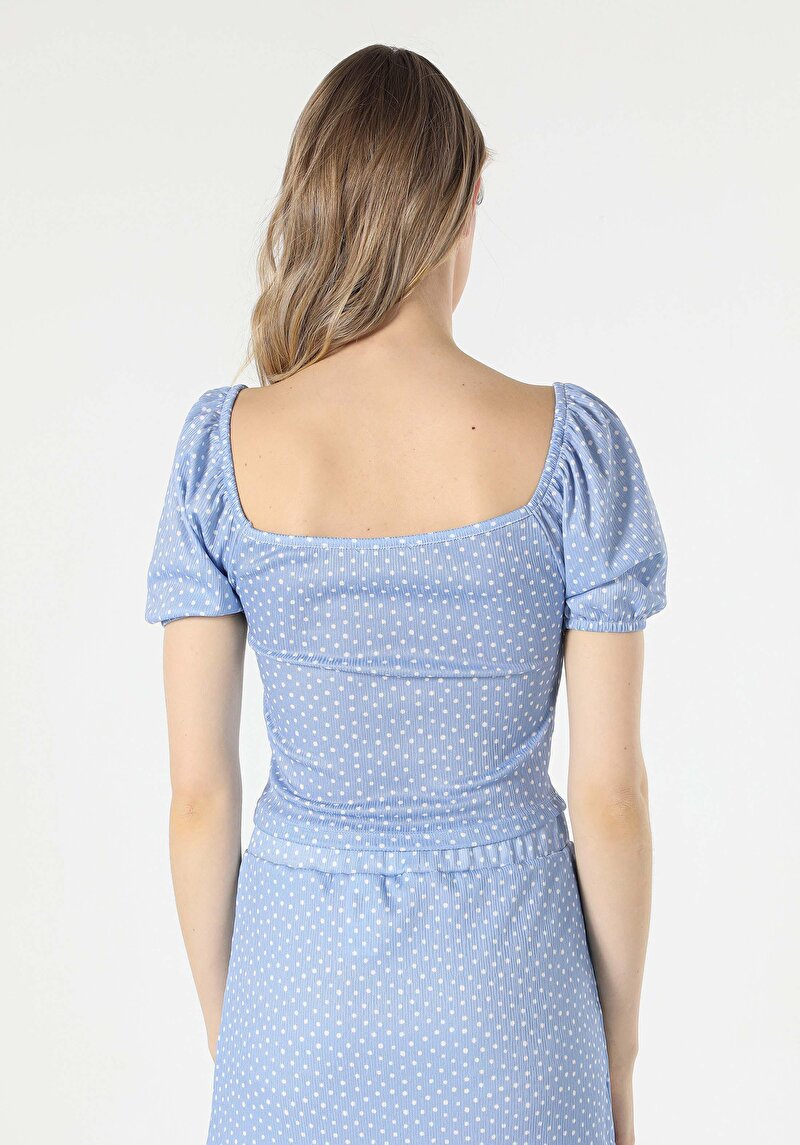 Slim Fit Derin Yuvarlak Yaka Kadın Mavi Kısa Kol Tişört