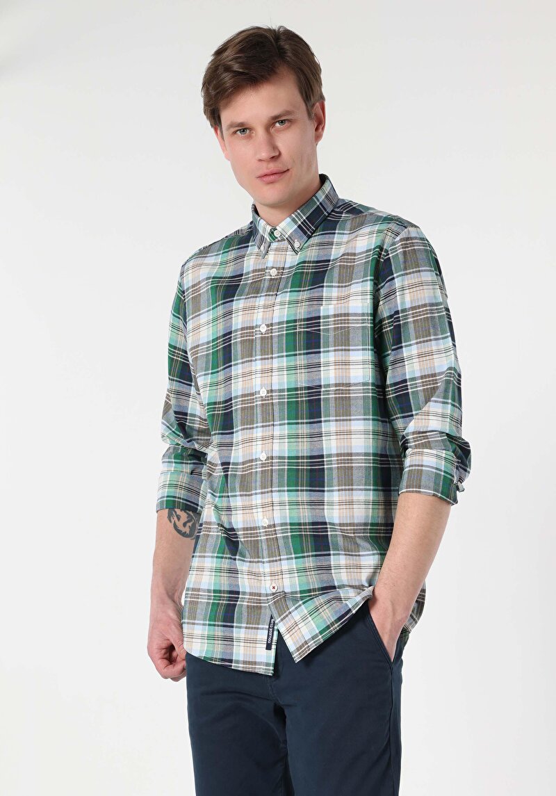 Regular Fit Shirt Neck Ekoseli Erkek Yeşil Uzun Kol Gömlek