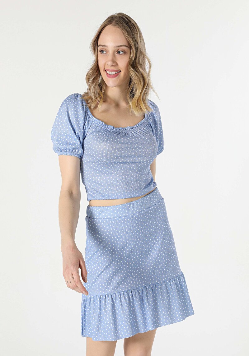 Slim Fit Derin Yuvarlak Yaka Kadın Mavi Kısa Kol Tişört