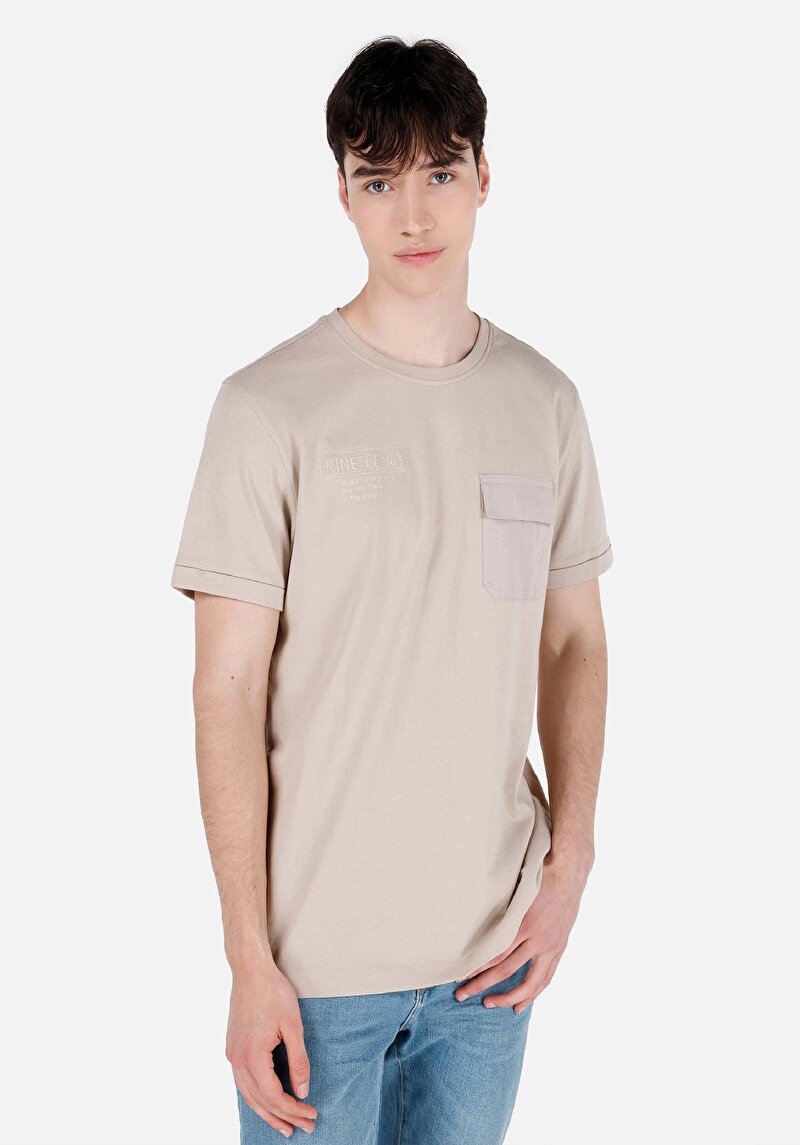 Regular Fit Yuvarlak Yaka Düz Erkek Bej Kısa Kol Tişört