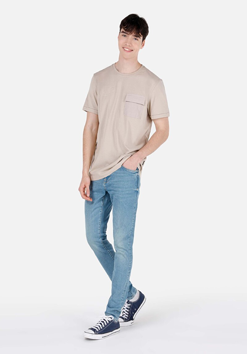 Regular Fit Yuvarlak Yaka Düz Erkek Bej Kısa Kol Tişört