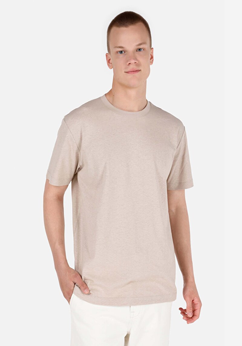 Comfort Fit Yuvarlak Yaka Düz Erkek Bej Pamuk Karışımlı Kısa Kol Tişört