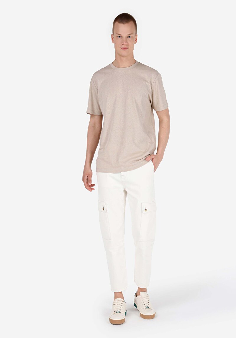 Comfort Fit Yuvarlak Yaka Düz Erkek Bej Pamuk Karışımlı Kısa Kol Tişört