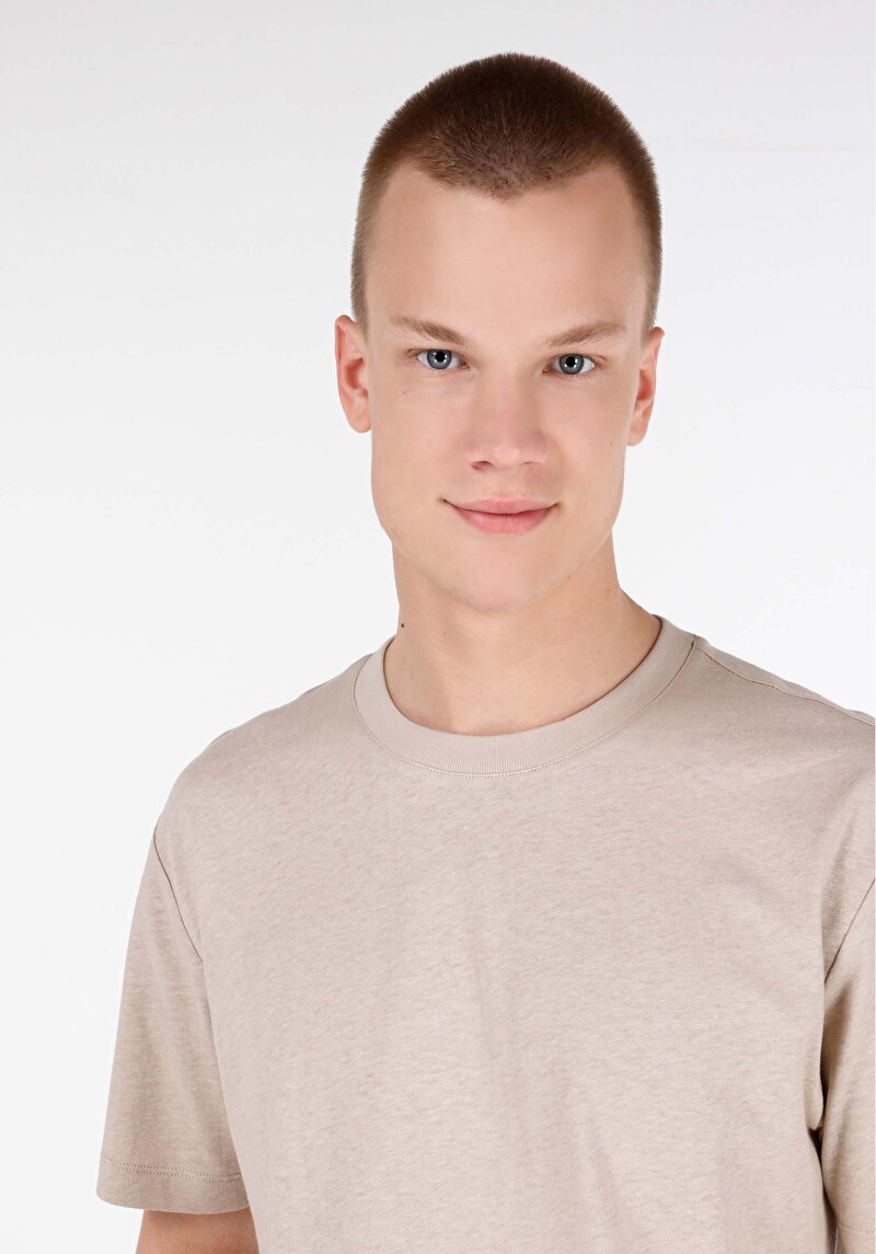 Comfort Fit Yuvarlak Yaka Düz Erkek Bej Pamuk Karışımlı Kısa Kol Tişört