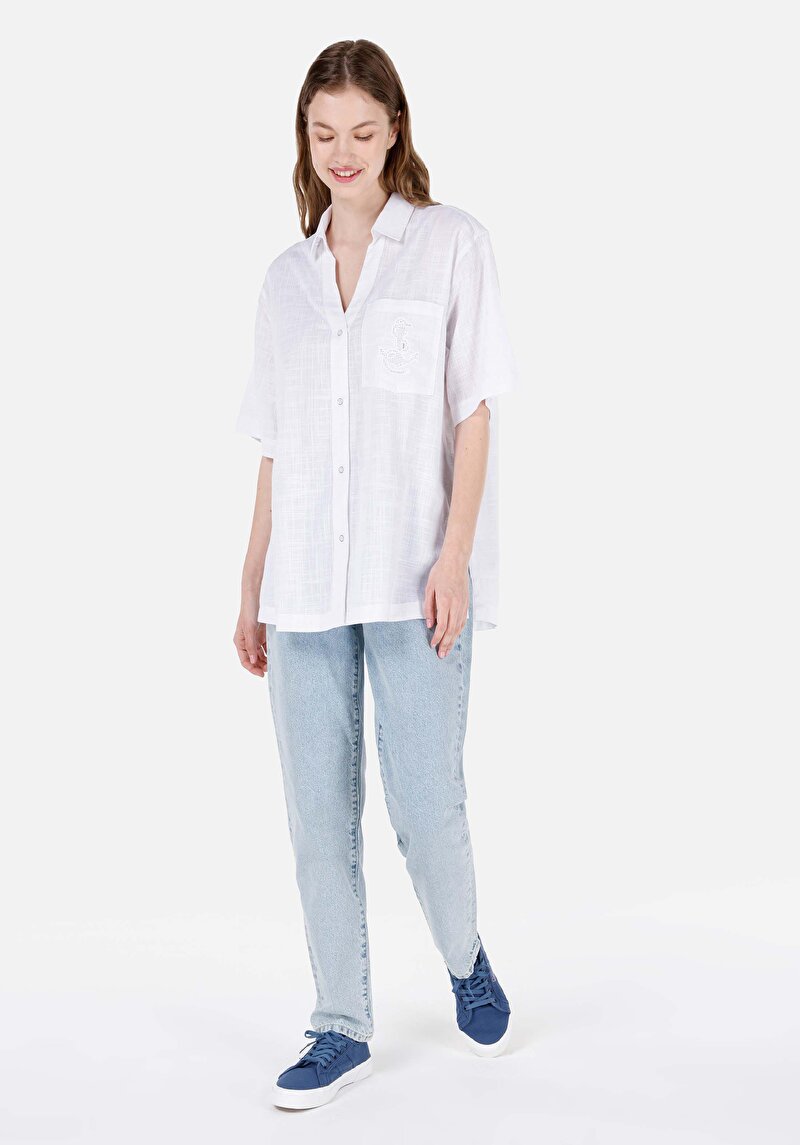 Relax Fit Shirt Neck Düz Kadın Beyaz Kısa Kol Gömlek