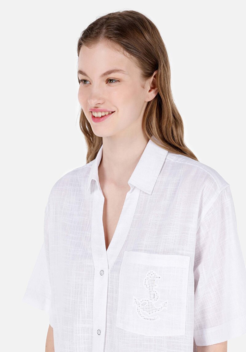 Relax Fit Shirt Neck Düz Kadın Beyaz Kısa Kol Gömlek