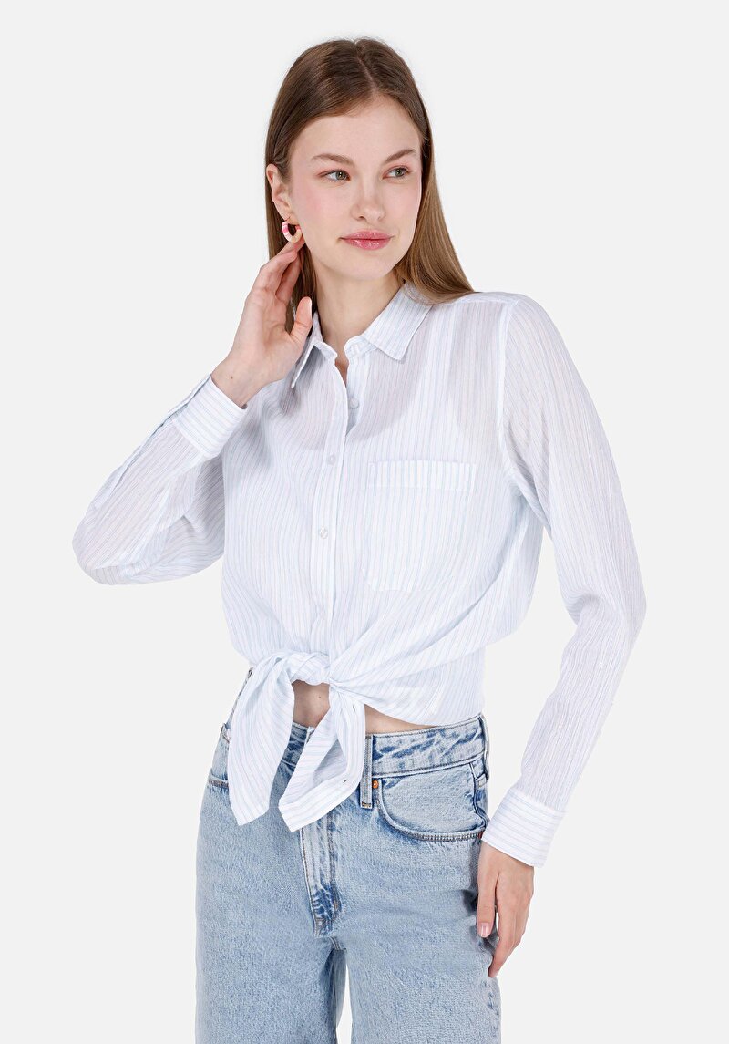 Regular Fit Shirt Neck Çizgili Kadın Mavi Uzun Kol Gömlek