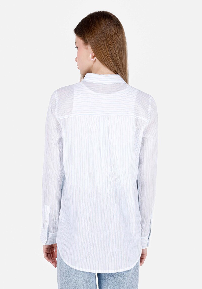 Regular Fit Shirt Neck Çizgili Kadın Mavi Uzun Kol Gömlek