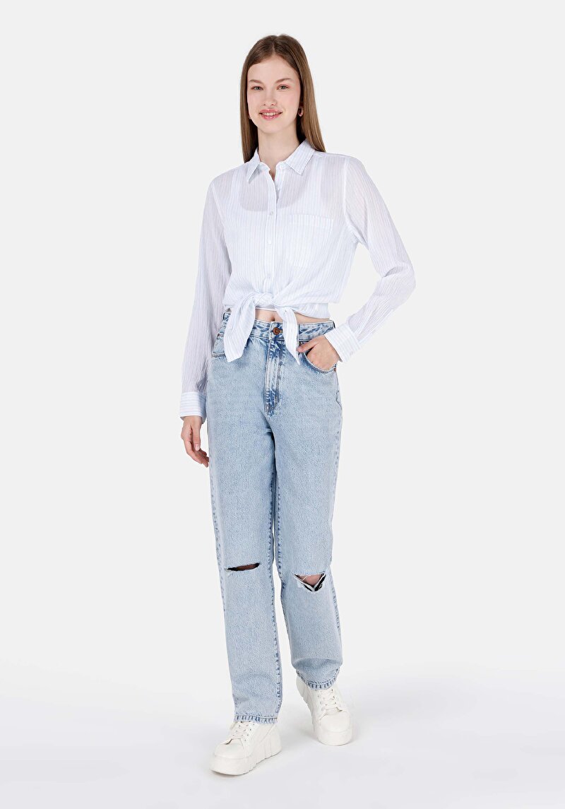 Regular Fit Shirt Neck Çizgili Kadın Mavi Uzun Kol Gömlek