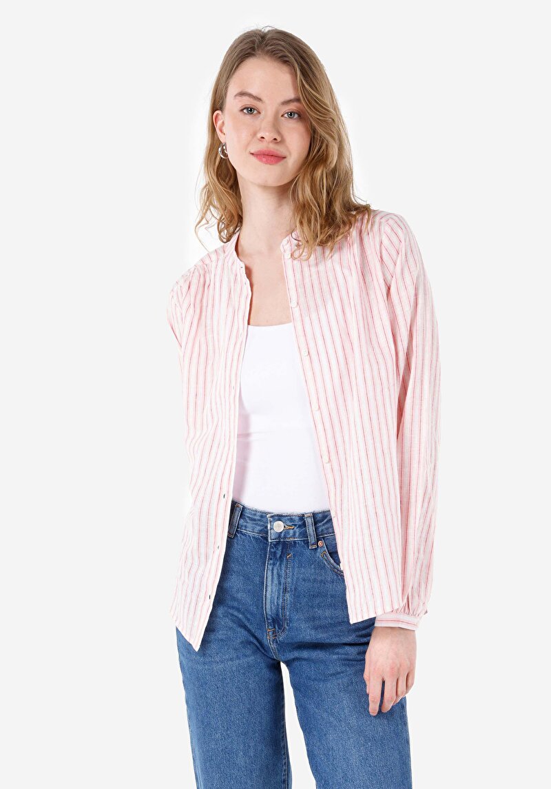 Regular Fit Shirt Neck Çizgili Kadın Pembe Uzun Kol Gömlek