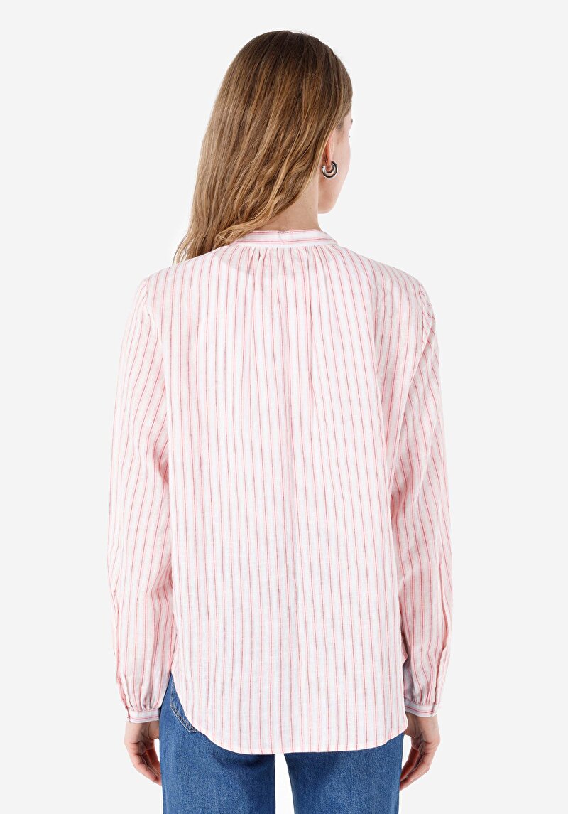 Regular Fit Shirt Neck Çizgili Kadın Pembe Uzun Kol Gömlek
