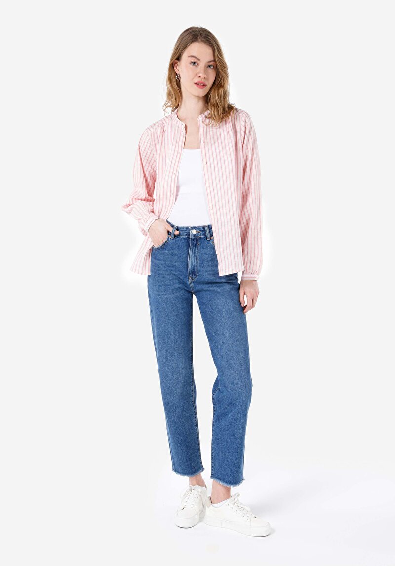 Regular Fit Shirt Neck Çizgili Kadın Pembe Uzun Kol Gömlek