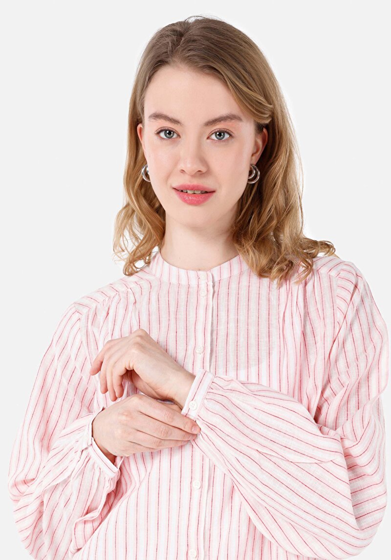 Regular Fit Shirt Neck Çizgili Kadın Pembe Uzun Kol Gömlek