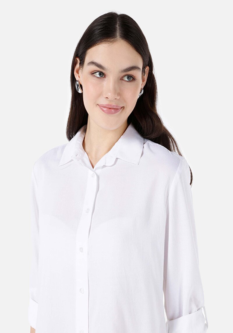 Regular Fit Shirt Neck Düz Kadın Beyaz Roll-Up Gömlek