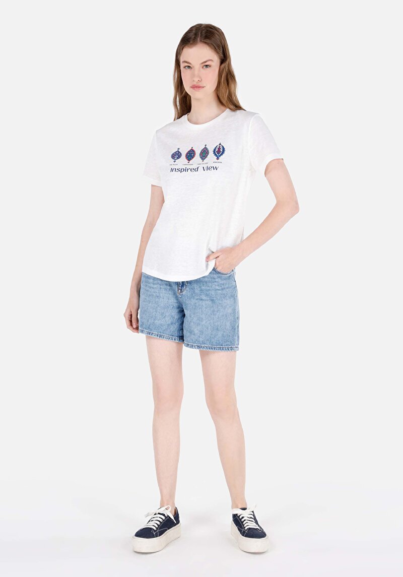 Regular Fit Yuvarlak Yaka Baskılı Kadın Beyaz Kısa Kol Tişört