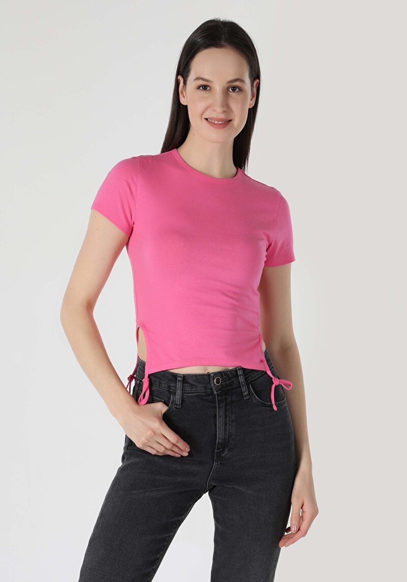 Slim Fit Yuvarlak Yaka  Kadın Pembe Kısa Kol Tişört