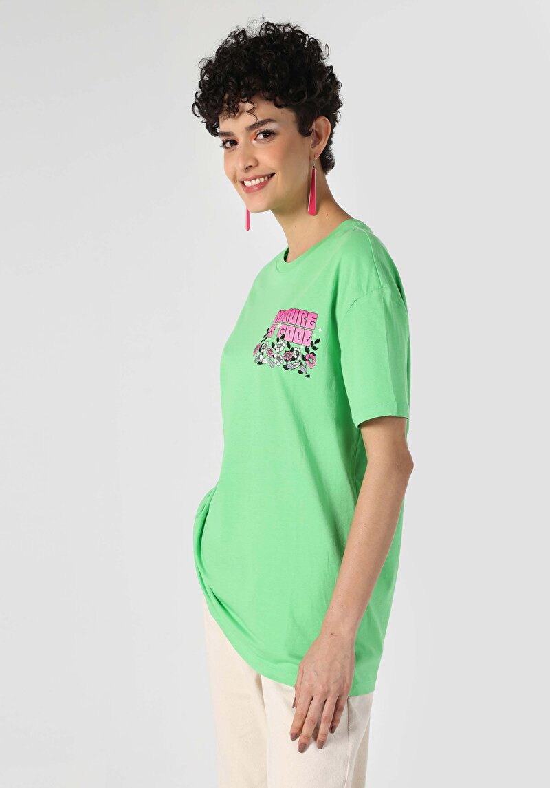 Comfort Fit Yuvarlak Yaka  Kadın Yeşil Kısa Kol Tişört
