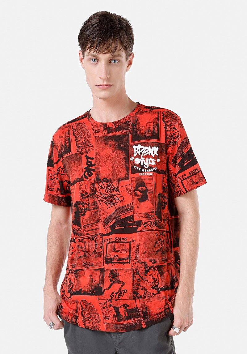 Regular Fit Yuvarlak Yaka Baskılı Erkek Turuncu Kısa Kol Tişört