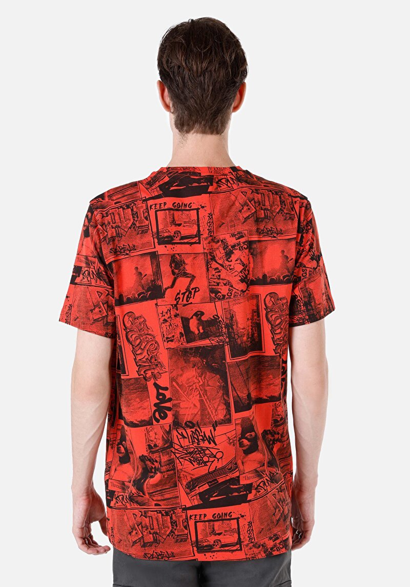 Regular Fit Yuvarlak Yaka Baskılı Erkek Turuncu Kısa Kol Tişört