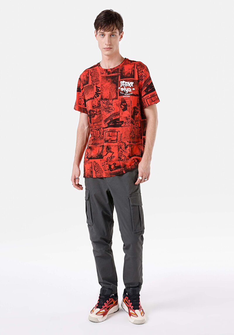 Regular Fit Yuvarlak Yaka Baskılı Erkek Turuncu Kısa Kol Tişört