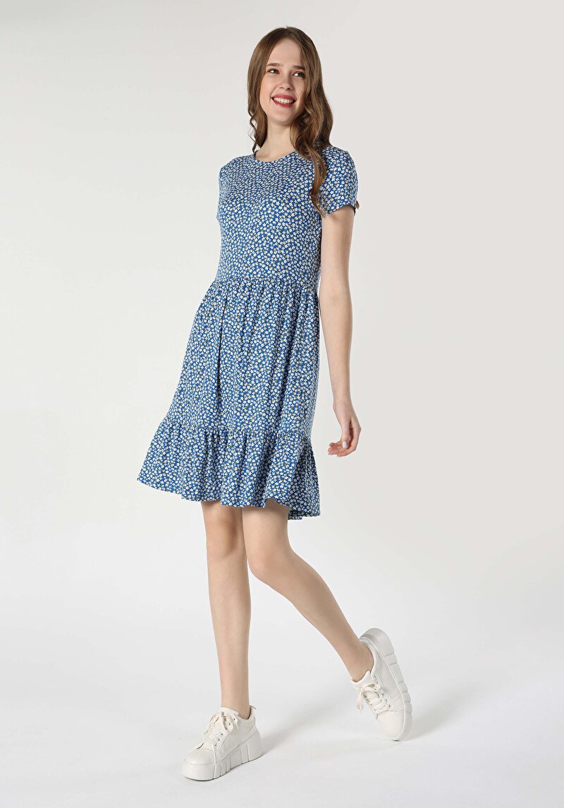 Regular Fit Çiçekli Kadın Çok Renkli Kısa Kol Elbise