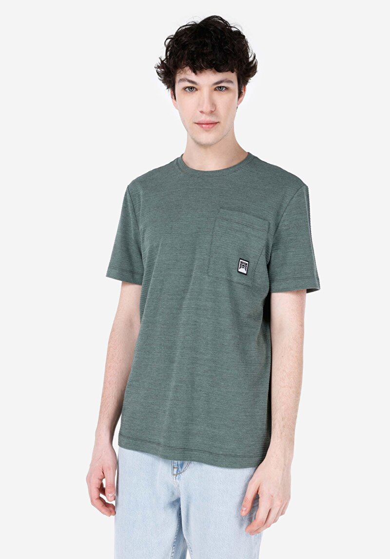 Regular Fit Yuvarlak Yaka Jakarlı Erkek Yeşil Kısa Kol Tişört