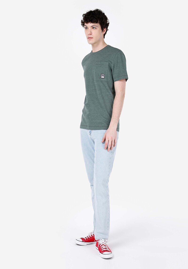 Regular Fit Yuvarlak Yaka Jakarlı Erkek Yeşil Kısa Kol Tişört