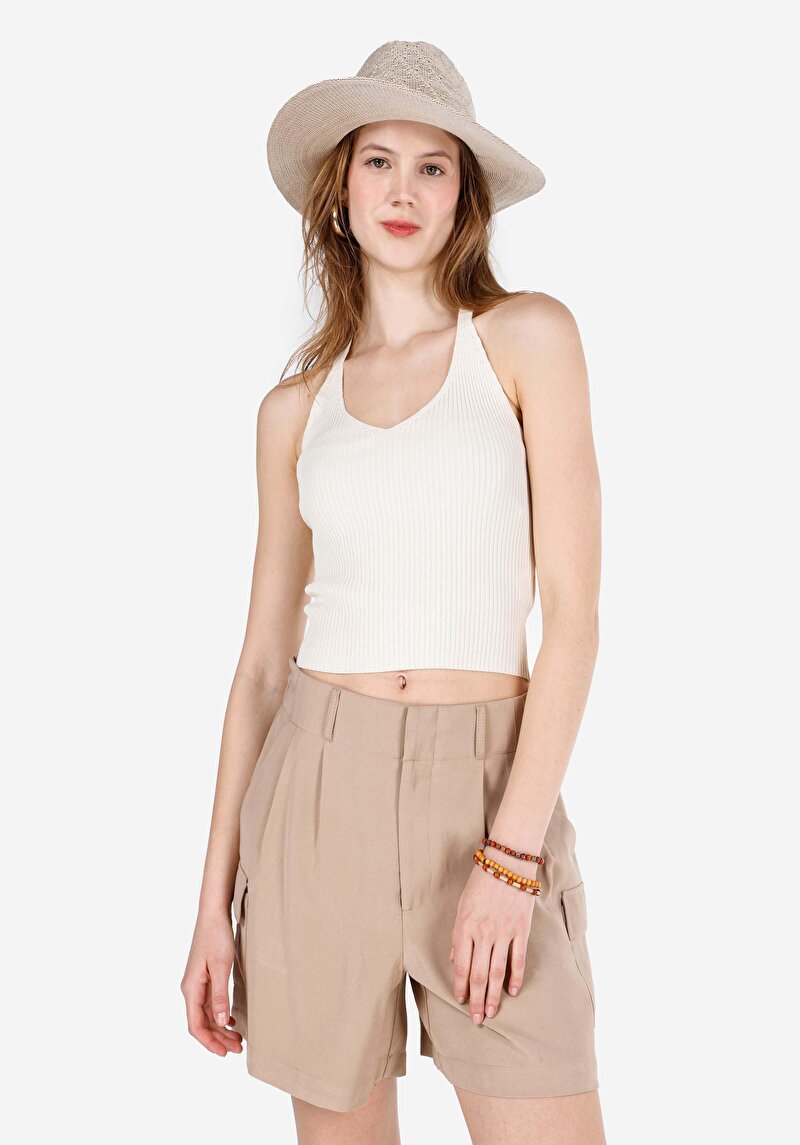 Slim Fit V Yaka Kadın Ekru Kolsuz Triko Kazak