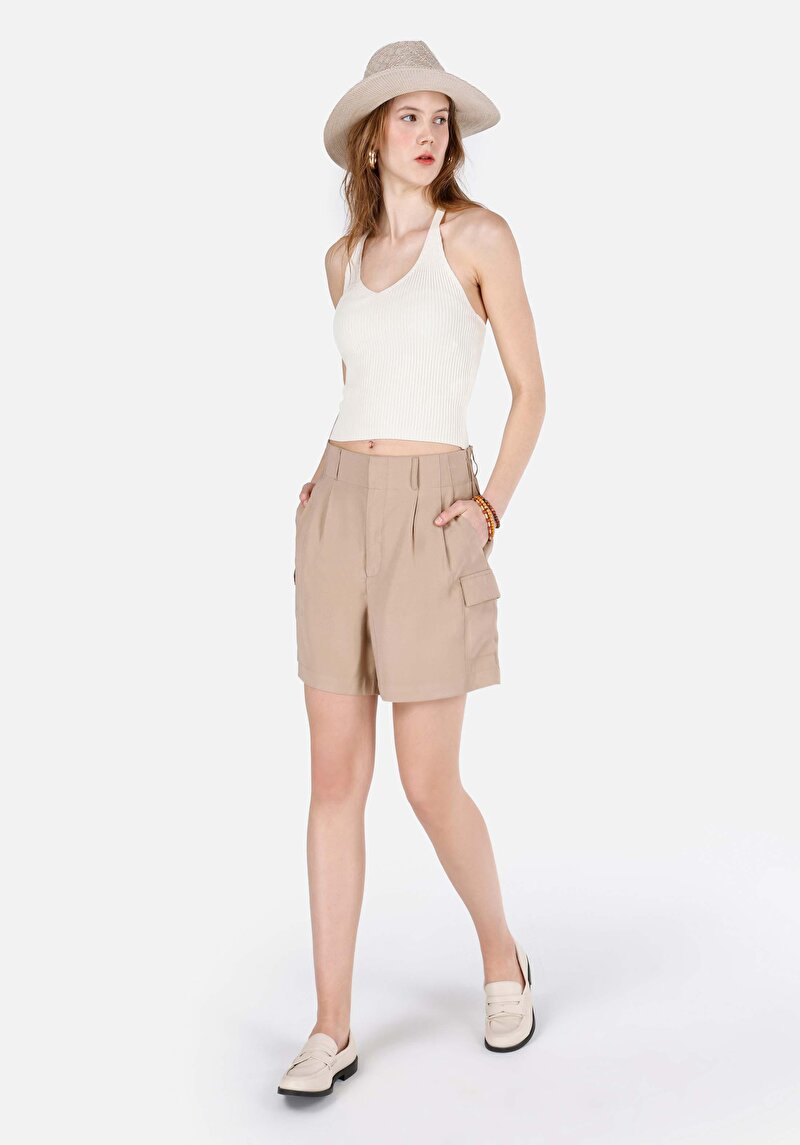 Slim Fit V Yaka Kadın Ekru Kolsuz Triko Kazak