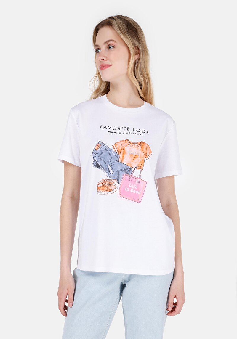 Regular Fit Yuvarlak Yaka Baskılı Kadın Beyaz Kısa Kol Tişört
