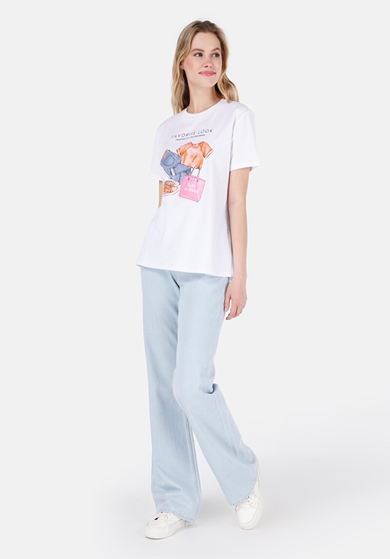 Regular Fit Yuvarlak Yaka Baskılı Kadın Beyaz Kısa Kol Tişört